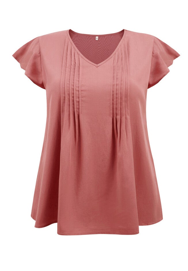 V Neck Topstitched Tucks Ruffle Short Sleeve Blouse, Coral Red / Coral, alternate image number null