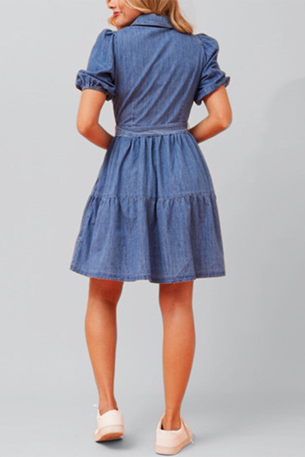 Bella Denim Tiered Shirt Dress Short Sleeves Belt, Blue / Light Blue, alternate image number null