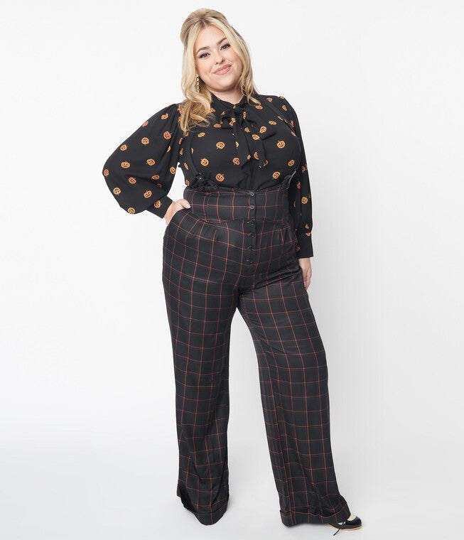 Unique Vintage Black & Orange Windowpane Thelma Suspender Pants, Black / Black, hi-res image number null