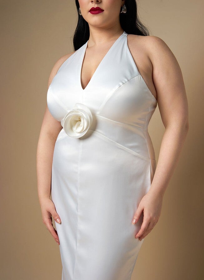 GARDENIA SATIN HALTER MAXI BODYCON DRESS, White / White, alternate image number null