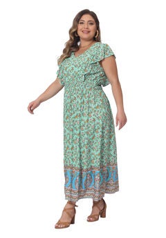 V Neck Ruffle Sleeve Boho Floral Maxi Long Dress