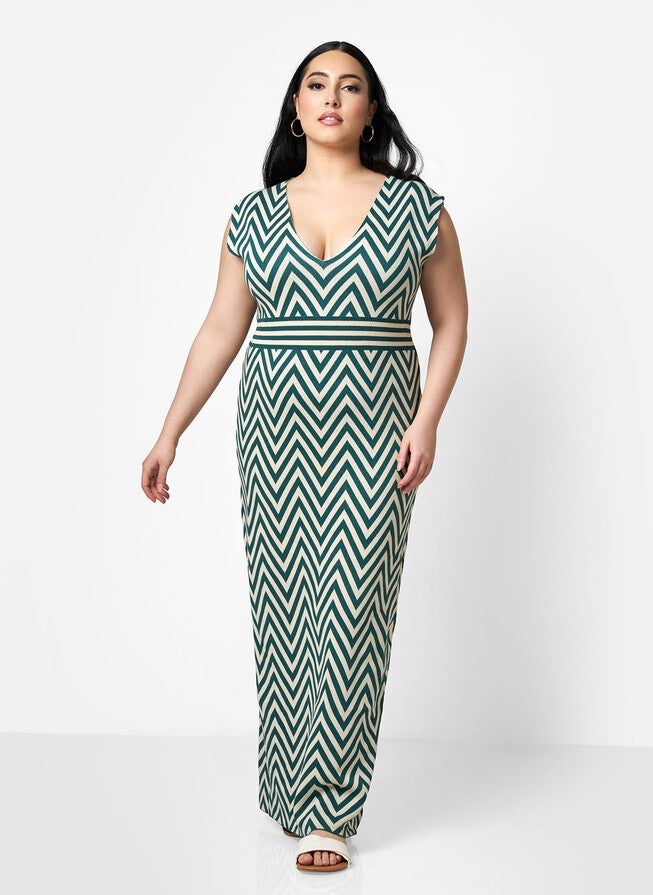 RACHIDA KNIT CHEVRON V NECK BODYCON DRESS, Multicolor / Azure Blue, hi-res image number null